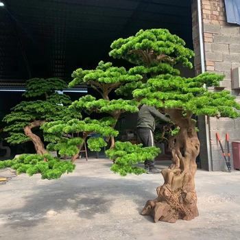 Fiberglass Realistic UV Resistant Durable Carved Artificial Welcome Pine Tree Multi Color Bonsai Chinese Style Mall Hote