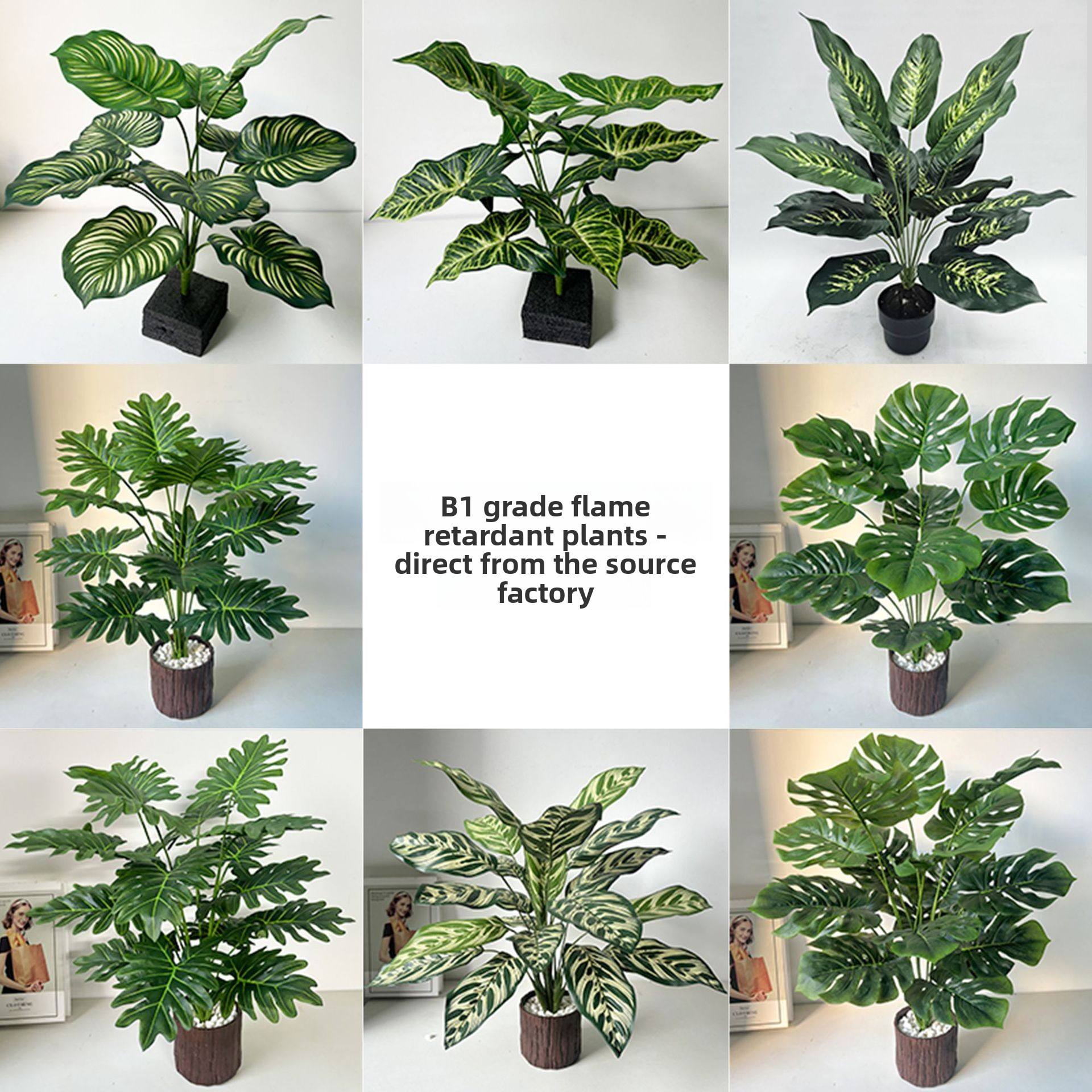 Wholesale High-quality B1-grade Flame-retardant Plastic Artificial Monstera Taro Plants Eco-Friendly 35-55cm Indoor/Outd